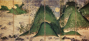 図1 《日月山水図屏風》(室町時代、六曲一双)