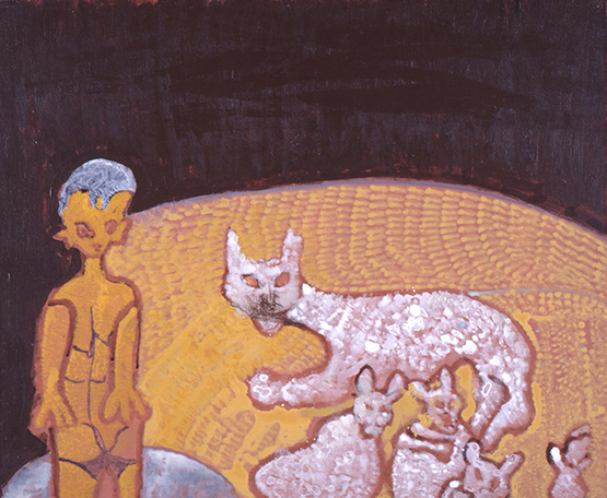 小笹逸男「猫の親子」 アクリル・キャンバス、59.0×71.0cm、1992 「パラレル・ヴィジョン―20世紀美術とアウトサイダー・アート 日本のアウトサイダー・アート」展 出品作品
