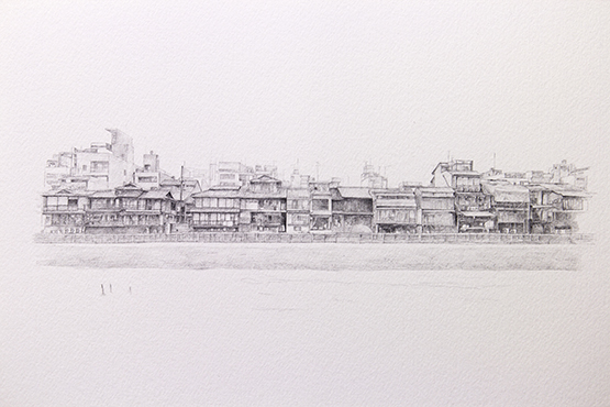鉛筆で描いた京都・鴨川の風景