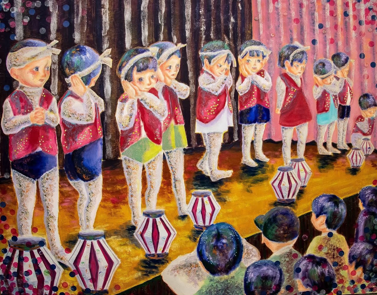 山下真由「役」 162×130cm/油彩、ラメ、おはじき、ビーズ、キャンバス/2019年